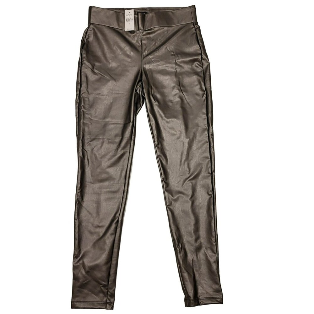 Loft Pleated Skinny Pants Faux Leather Gunmetal Silver Grey Metallic Women's S